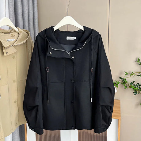 Washed Cotton Solid Color Zipper Hooded Jacket Womens Plus Size Autumn 2023 Casual Clothing Fashion Outwear Curve Coats F21 6821