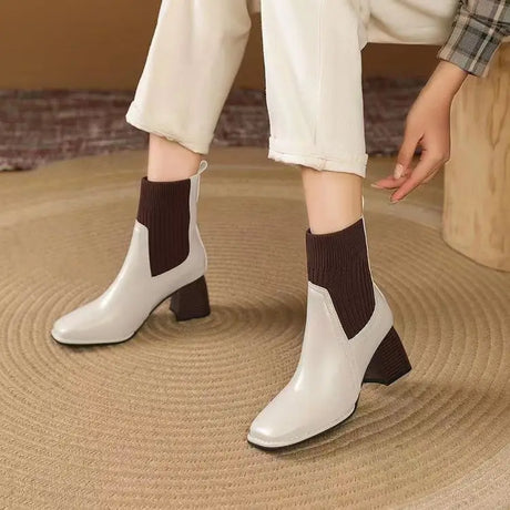 Solid Color Nude Boots Women Square Head 2023 Spring and Autumn New Slim Knitted High-heeled Slip-on Comfortable Women's Boots