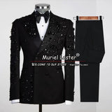 Elegant Wedding Suits For Men Metal Embellished Beading Blazer Set Formal Party Prom Groom Wear Tuxedo Male 2 Pieces Dress Black