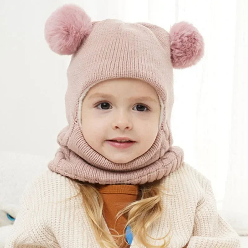 1-7Y Winter Baby Hat Scarf One-Piece Pompom Knit Hat for Kids Warm Neck Ball Cap for Girls Boys Windproof Beanies Infant Cap