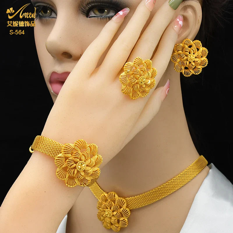 Indian Luxury Necklace Jewelry Sets For Women Dubai Gold Color African Arabic Wedding Bridal Collection Sets Earring Jewellery