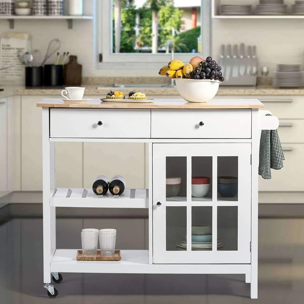 Rolling Kitchen Island Towel Rack Wine Shelf Portable Kitchen Cart Wood Top Kitchen Trolley With Drawers and Glass Door Cabinet