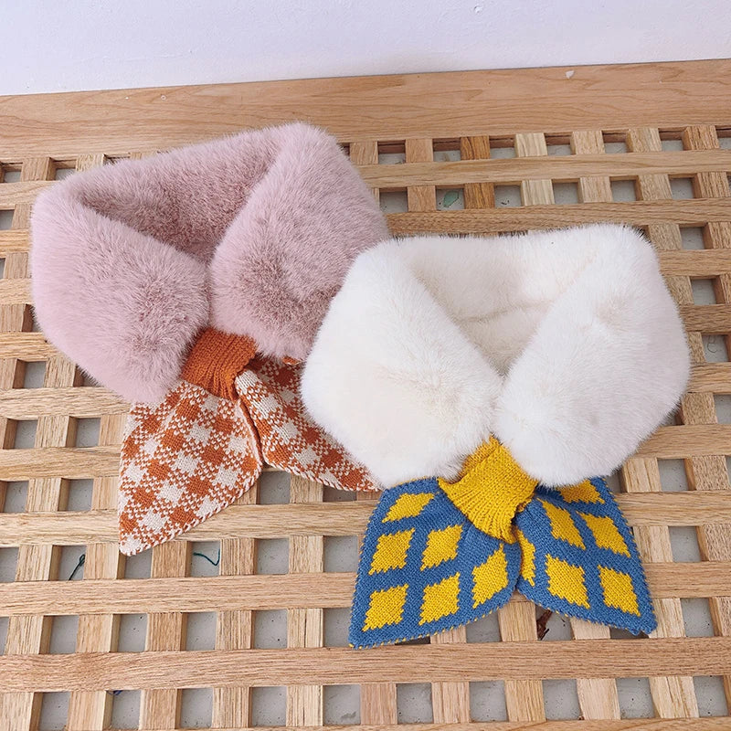 New Soft Plush Baby Girl Scarf Winter Cute Plaid Thick Warm Faux Fur Girls Scarves Bows Neck Warmer Neckerchief Children Kid