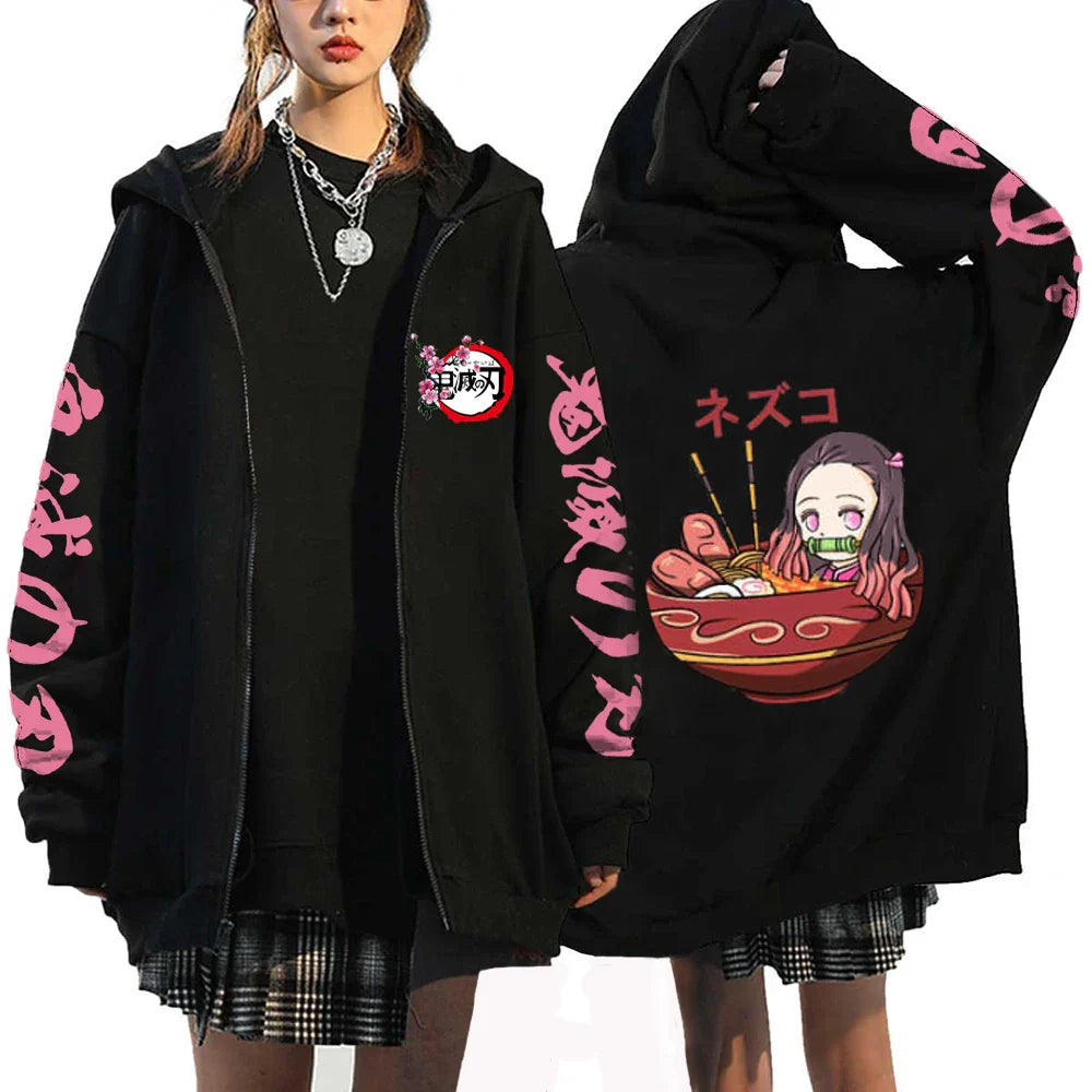 Demon Slayer Japan Anime Women Hoodies Kamado Nezuko Plus Size Autumn Zipper Jackets Pullover Hooded Girl Zip Up Sweatshirt