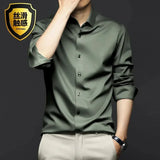 Luxury Men's Social Dress Shirts Spring Autumn Smooth Soft Wrinkle-resistant Non-iron Solid Color Casual Ice Silk