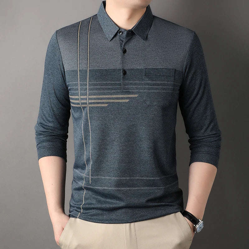 New Fashion Men's Striped Polo Shirts Male Button Collar T Shirt Casual Long Sleeve Tops