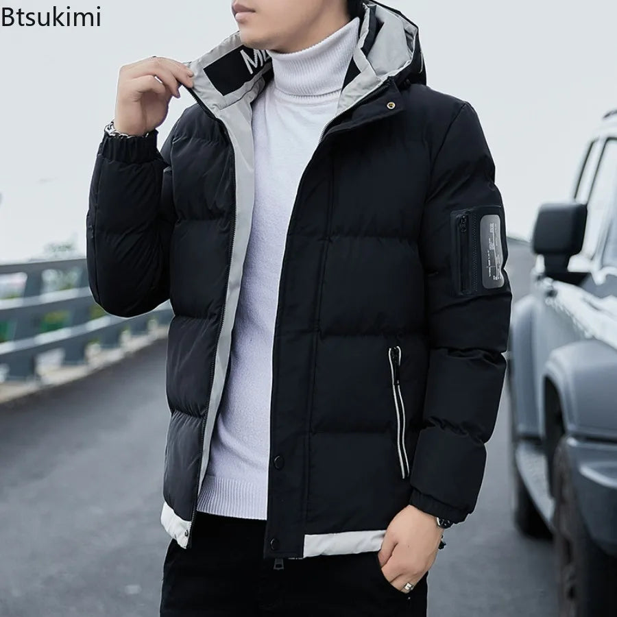 2024 Winter Korean Style Parkas Men's Puffer Jacket Long Sleeve Hooded Coats Bomber Jacket Thicker Warm Zipper Outerwear for Men