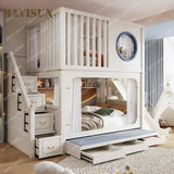 Modern High And Low Kids Bed With Ladder Cabinet Safety Fence Bunk Bed  Multifunctional Solid Wood Children Bed For Boy And Girl