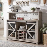 OKD Farmhouse Coffee Bar Cabinet with LED Lights, 55" Sideboard Buffet Table W/Sliding Barn Door & Wine and Glass Rack