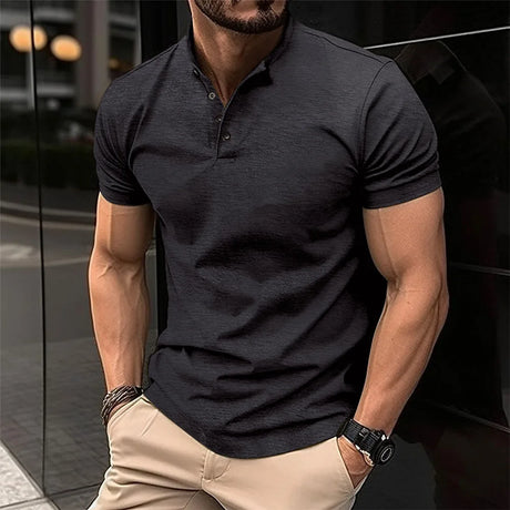 Summer Men Casual Solid Color Short Sleeve T Shirt for Men Henley Collar Polo  High QualityMens T Shirts US Size S-2XL