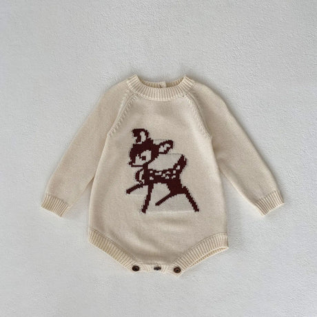 7485 Baby Knitted Bodysuit 2023 Autumn New Deer Print Baby Boy's One Piece Clothes Knitted Girl's Climbing Clothes