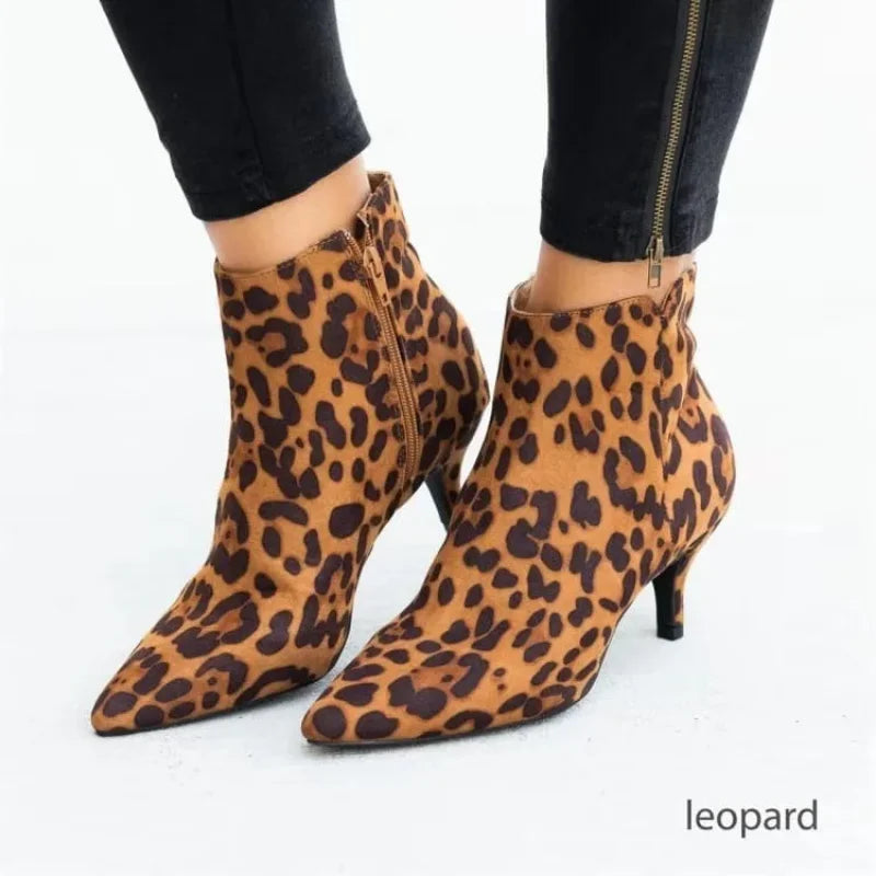 Women Boots Spring 2022 Pointed Toe Stiletto Ankle Boots Fashion Leopard Print Side Zipper 43 Large Size Mid Heel Ankle Boots