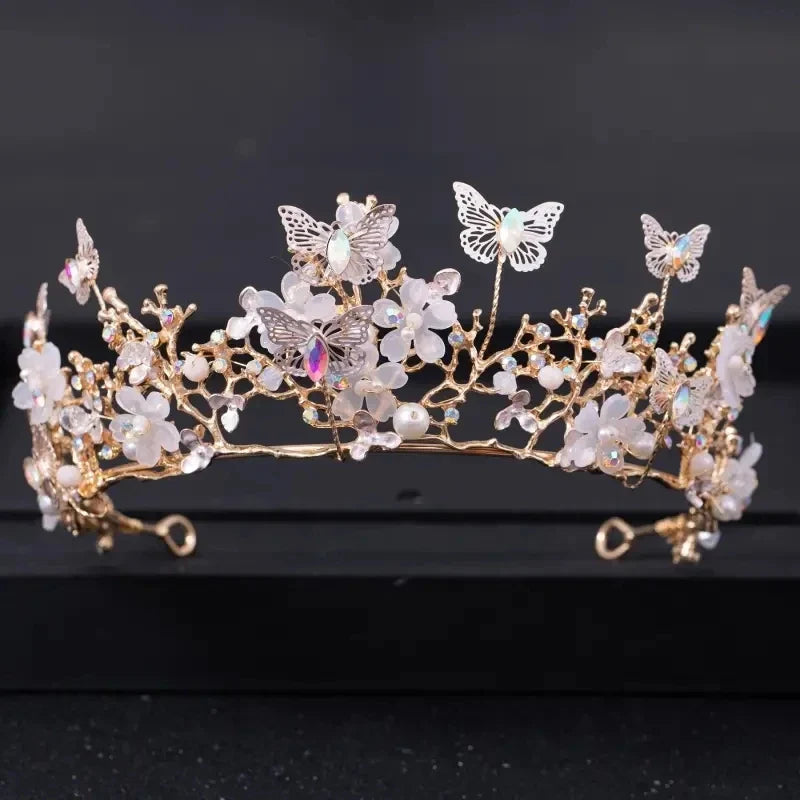 Handmade Bridal Pearl Rhinestone Crown Tiara Butterfly Floral Crown Wedding Gift Floral Design Crown Hair Accessories