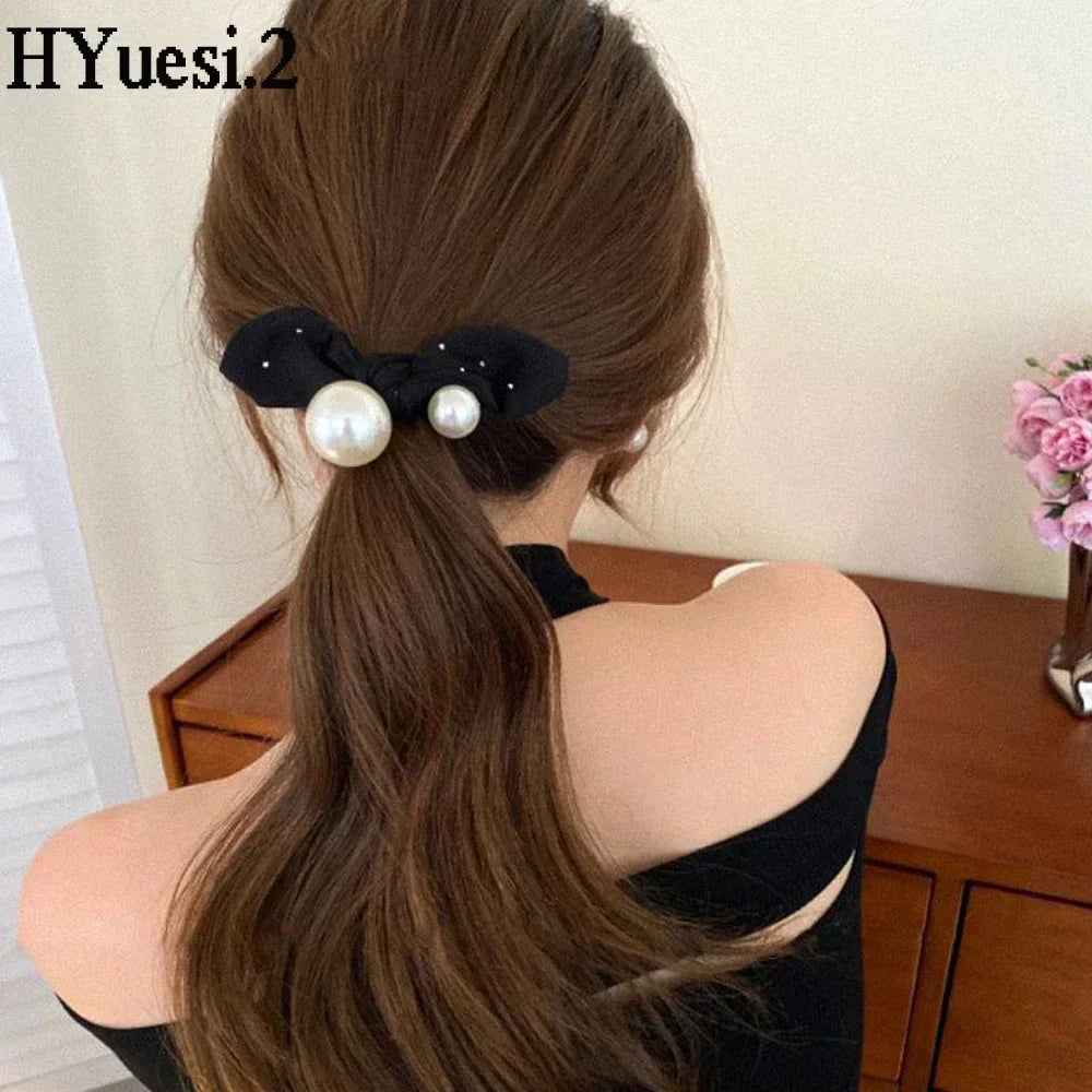 Fashion Seamless Black Hair Ties Rope Simple Pearl Beaded Ponytail Holders Rubber Band With Ribbon For Women Girls