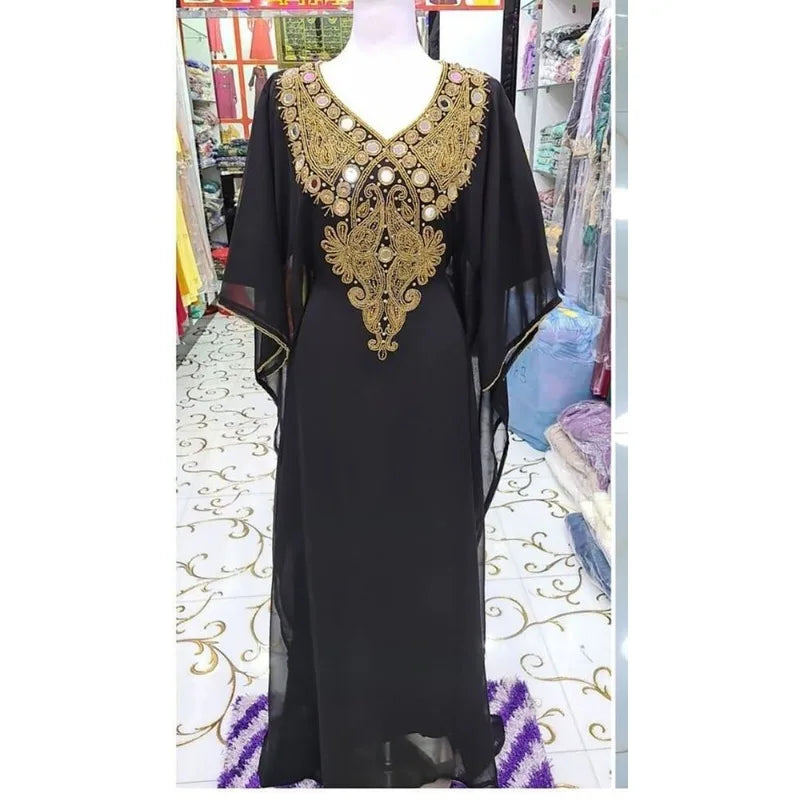 V-neck Kaftan Moroccan Dubai Caftan Abaya Fancy Long Crystal Beading Dress