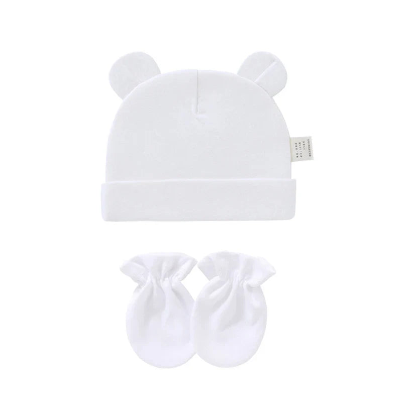 Cute Newborn Birth Set Cotton Soft Baby Nightcap With Ears Fall Winter Hat Gloves 2pcs Kit Prevent Scratching Skin Infant Stuff