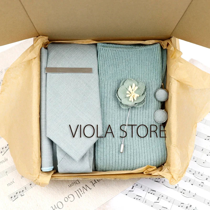 Viola Design 5PCS Gift Box Solid Cotton Sock Tie Sets Clip Pin Cufflinks Hanky Colorful Men Wedding Party Daily Cravat Accessory