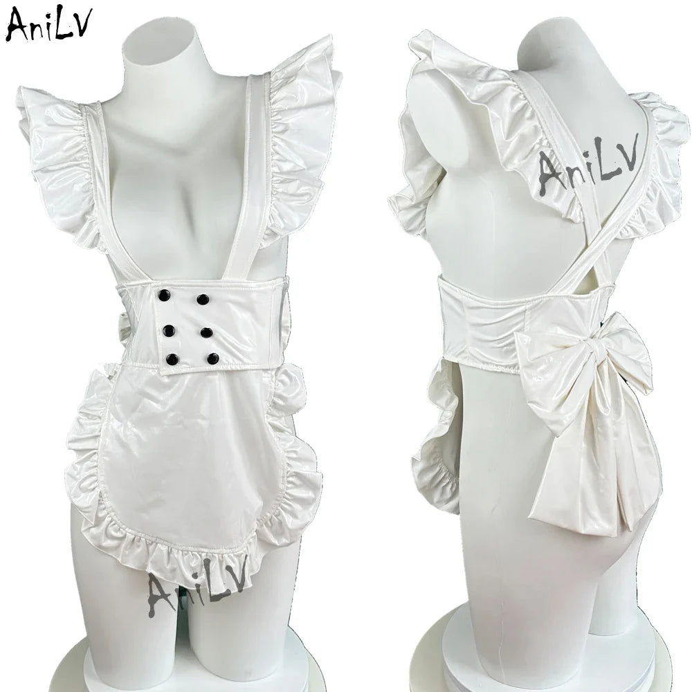 AniLV Women Anime Coffee Waiter Maid Uniform White Leather Apron Big Bow Cosplay Costume