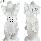 AniLV Women Anime Coffee Waiter Maid Uniform White Leather Apron Big Bow Cosplay Costume