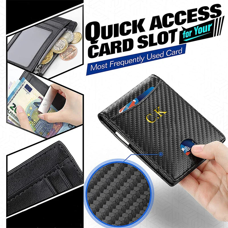 Personalized Custom Initials Name Rfid Carbon Fiber Card Holder Wallets Men Business Small Mini Money Bag Leather Wallet for Men