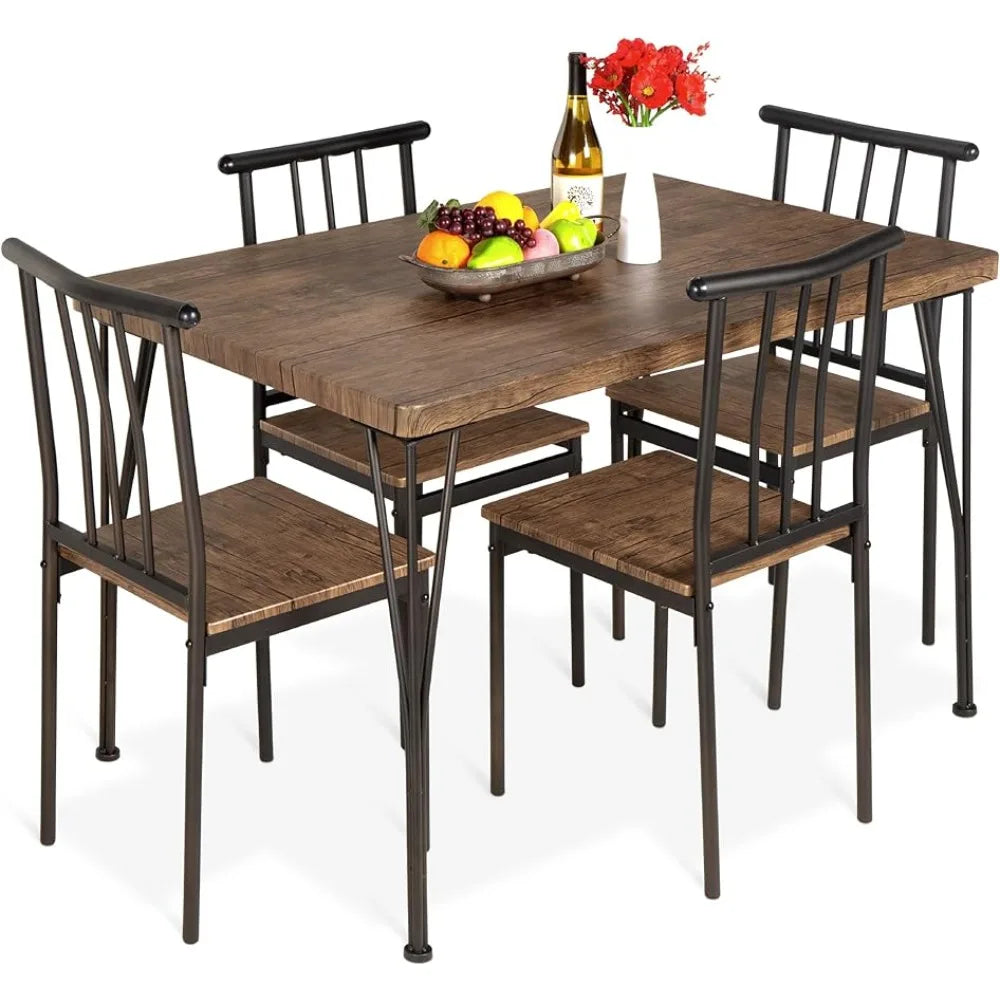 5-Piece Metal and Wood Indoor Modern Rectangular Dining Table Furniture Set  / 4 Chairs - Drift Brown