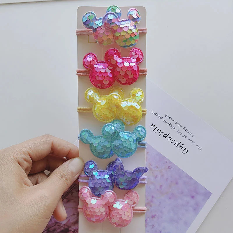 12PCS New Colorful Sequin Heart Star Crown Girls Cute Kids Elastic Hair Bands Hair Accessories Children Hair Ties Baby Headwear