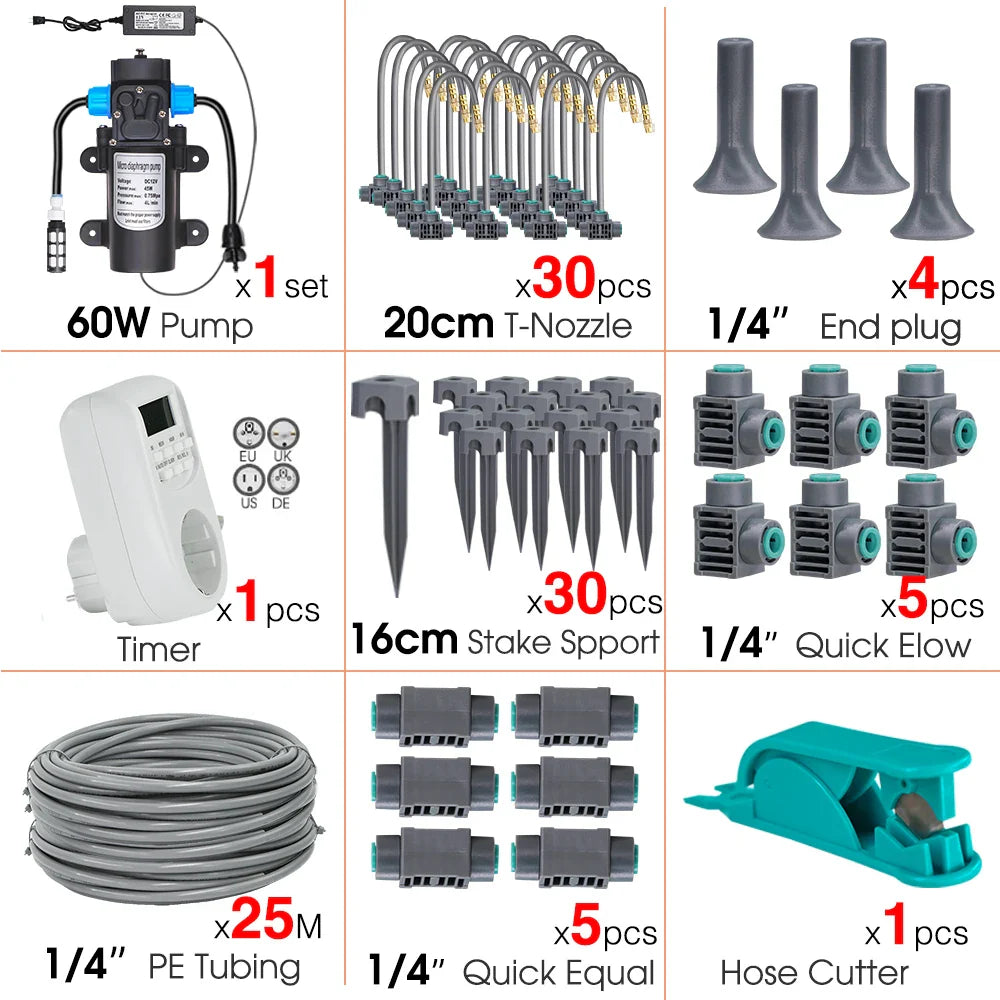 Garden 60W Self-Priming Pump Timer Mistsing Irrigation Kit for Greenhouse 1/4”Hose Sprayer Nozzle Automatic Irrigation Equipment