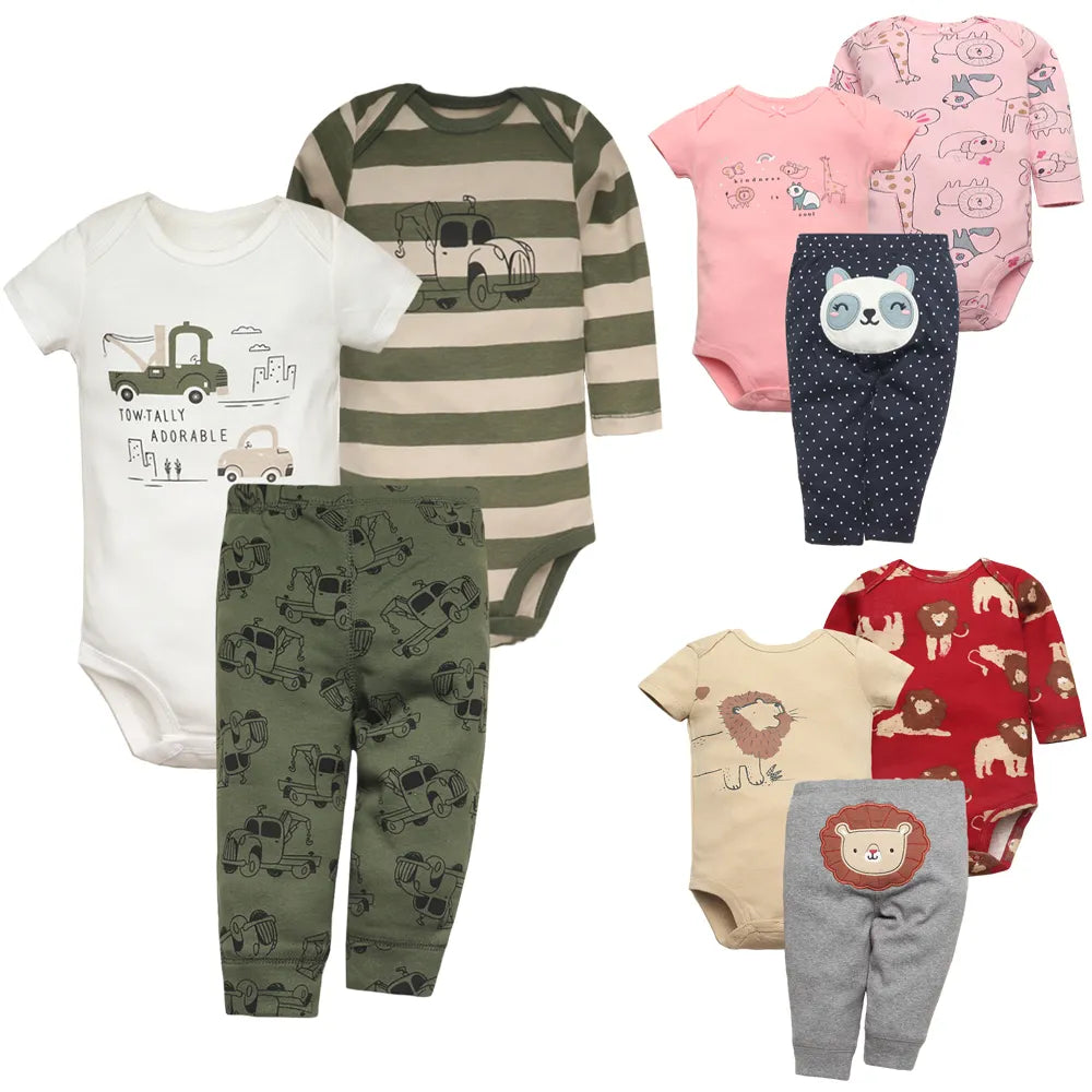 3PCS Baby Bodysuits+Pants Cotton Newborn Baby Boy Clothes Summer Cartton Baby Girl Clothing Sets 0-24 moth bebe Jumpsuit