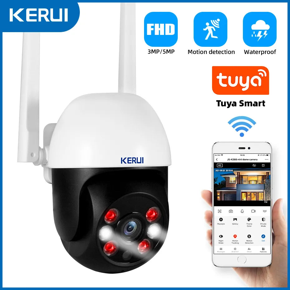 KERUI 3MP 5MP PTZ WiFi IP Wireless Camera Tuya Smart Outdoor Home Security 4X Digital Zoom Dome Camera CCTV Video Surveillance