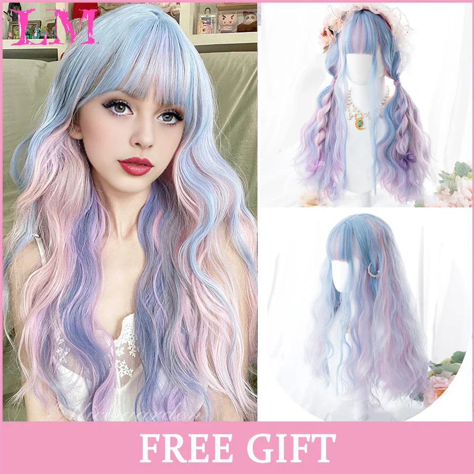 LM Cosplay Wig With Bangs Synthetic Straight Hair 24 Inch Long Heat-Resistant Pink Wig For Women