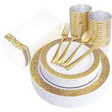 150PCS Silver Plastic Plates, Disposable Silverware & Plastic Silver Cups, Silver Rim Plastic Tableware include 25 Dinner Plates