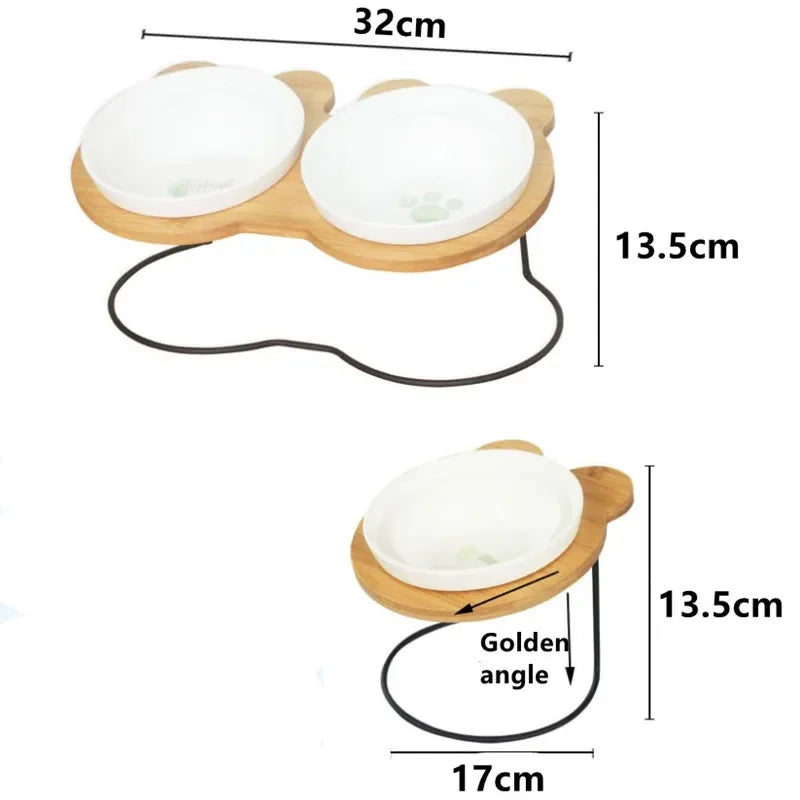 New High-end Pet Bowl Bamboo Shelf Ceramic Feeding and Drinking Bowls for Dogs and Cats Pet Feeder Accessories