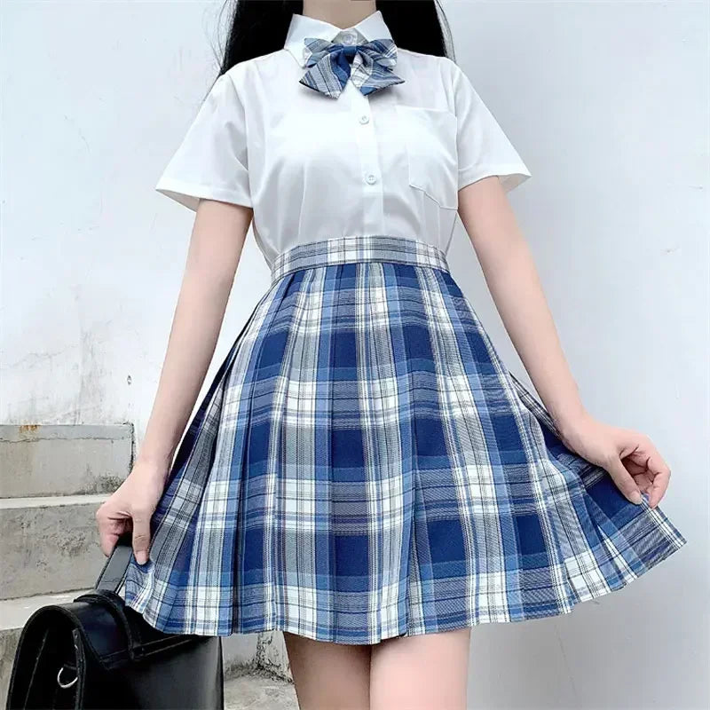 Japanese Uniform Korean School JK Uniform Shirt Plaid Skirt Set South Korea Students Short Sleeve Pleated Skirt Set Girl Seifuku