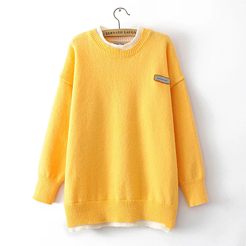 2022 Winter Warm Sweater Plus Size Woman Clothing 4xl Loose Curves Jumpers O-Neck Letter Label False Two Pieces Knitted Pullover