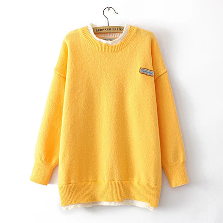 2022 Winter Warm Sweater Plus Size Woman Clothing 4xl Loose Curves Jumpers O-Neck Letter Label False Two Pieces Knitted Pullover