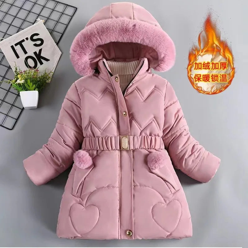 3 4 5 6 8 10 Years Winter Girls Coat Keep Warm Thicken Kids Jacket Hooded Zipper Fur Collar Princess Outerwear Children Clothing