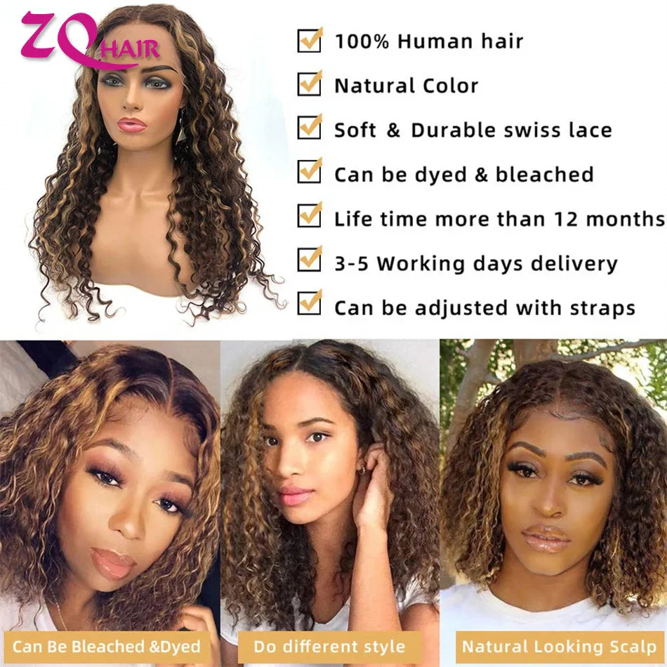 Glueless Highlight Wig Human Hair Curly Ombre Honey Blonde Water Wave 360 13x6 HD Lace Frontal Wigs Human Hair Lace Front Wig