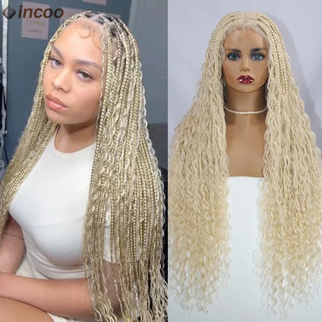 Blonde Bohemian Box Braids Wigs With Curly Hair Synthetic Braid Lace Frontal Wigs Goddess Locs Braided Wigs Burgundy Hair 32"