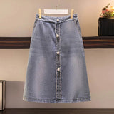 150Kg Plus Size Women's Summer Loose Elastic Waist Denim One Step Hip Skirt Hip 154 Back Hem Slit Skirt Blue 5XL 6XL 7XL 8XL 9XL