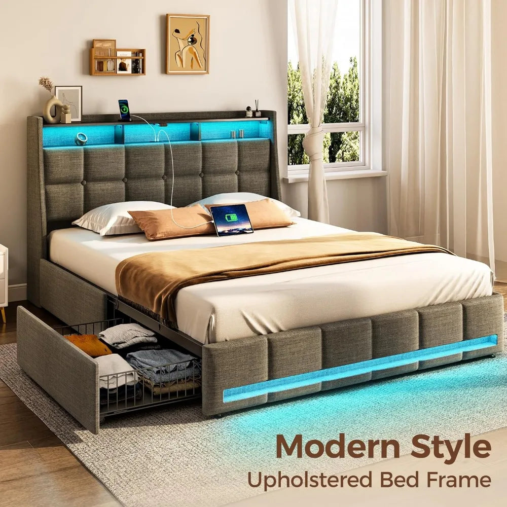 Full Size Bed Frame with LED Lights and Charging Station, Upholstered Bed Storage Headboard & Drawers, Heavy Duty Wood Slats