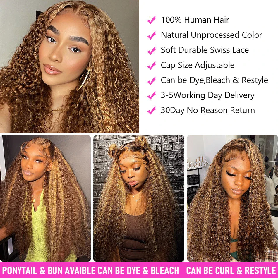 30 Inch Highlight Honey Brown Curly Lace Front Human Hair Wigs 13x6 13x4 Remy Ombre Colored Deep Wave Lace Frontal Wig For Women