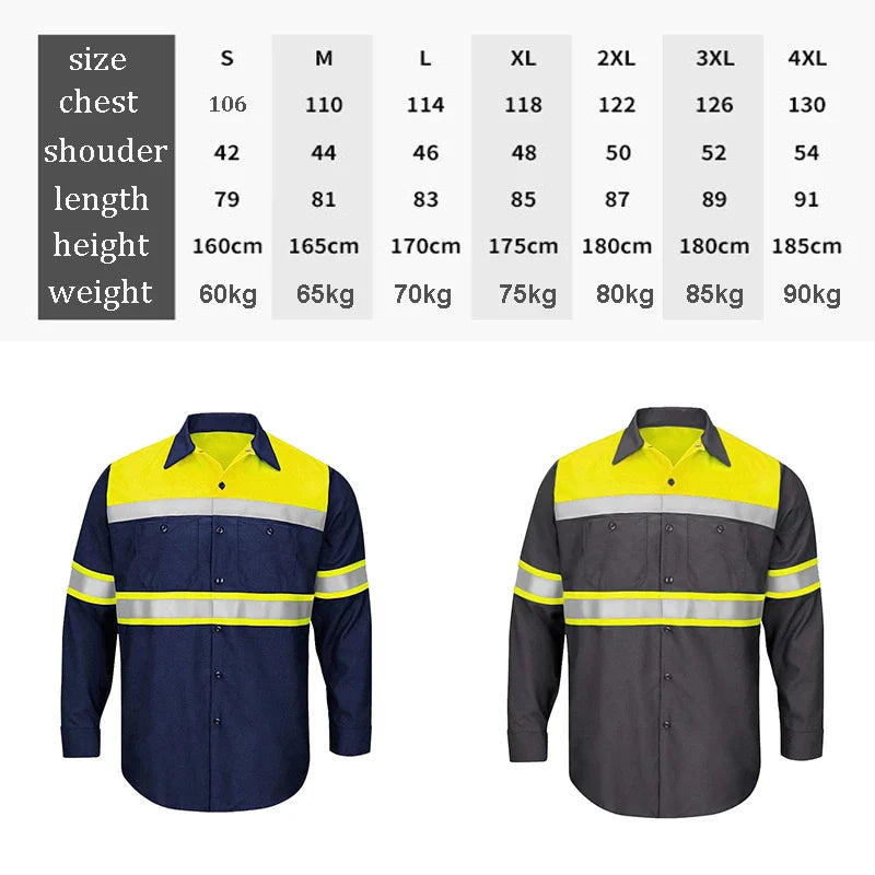 Size S-4XL Summer Outdoor Work Shirts with High Visibility Reflective Stripes Long Sleeve Shirt Sun Protection Two Tone Workwear