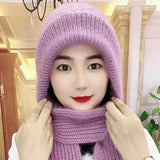 Fashion Winter Women Windproof Hat and Scarf in One Piece Knited Caps Warm Casual Hat Scarf Set Women Caps Warmer Cycling Hat