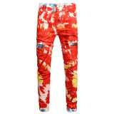 Men Tie Dye Stretch Denim Jeans Fashion Y2K Red Contrast Colored Painted Pants Slim Tapered Print Trousers