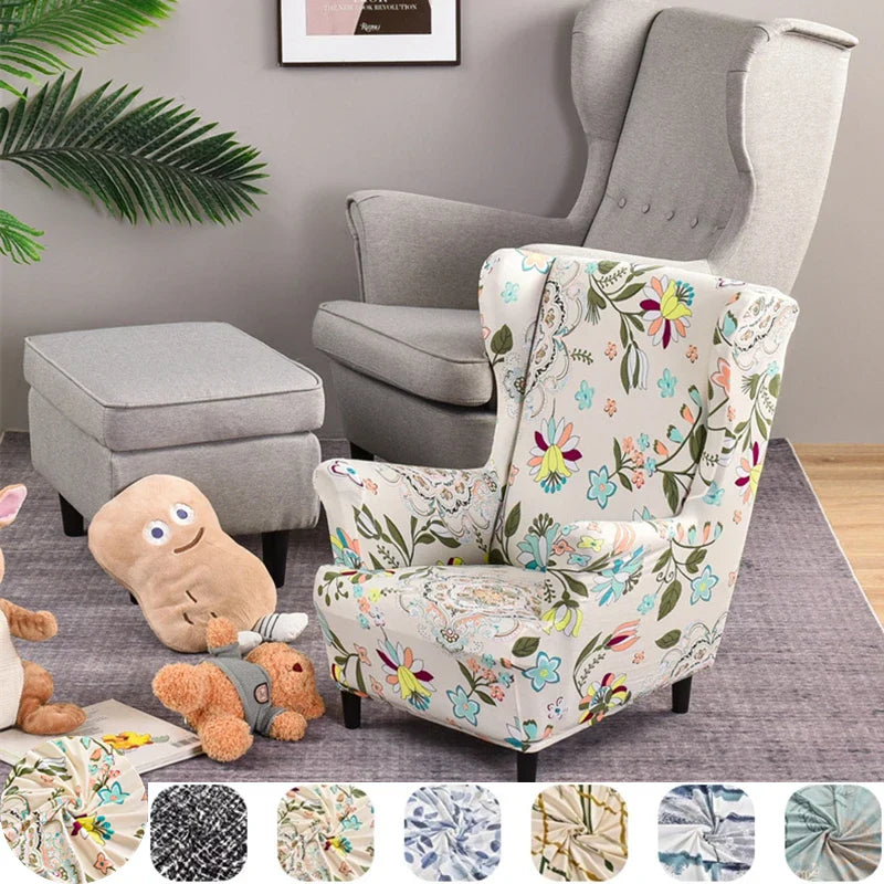 Floral Printed Wing Chair Cover All-inclusive Wingback Armchair Covers Stretch Washable Single Sofa Slipcovers Living Room Child