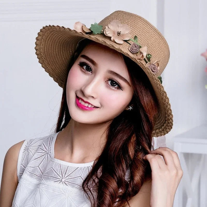 Wreath Straw Hats Summer Sun Hat Ladies Elegant Hat Female Vintage Hats Straw Beach Hats Flower String Woman Hat