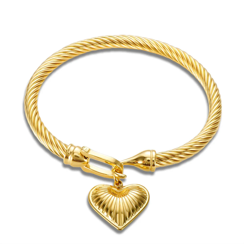 361L Titanium Stainless Steel Bangles Bracelets Charm Gold Color Cable Wire Cuff Heart Pendant Bracelet For Women Girls Jewelry