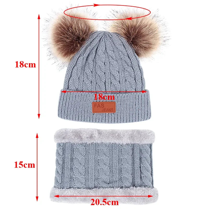 Baby Warm Winter Hats Scarf Gloves 3pcs Set Kids Toddler Bonnet Cute Pompom Knitted Hats Outdoor Warm Infant Accessories 1-5Y