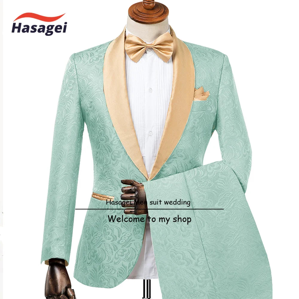 Champagne Men's Wedding Tuxedo Elegant Men 2-piece Suit Set Patterned Jacket Pants Formal Slim Fit Outfit