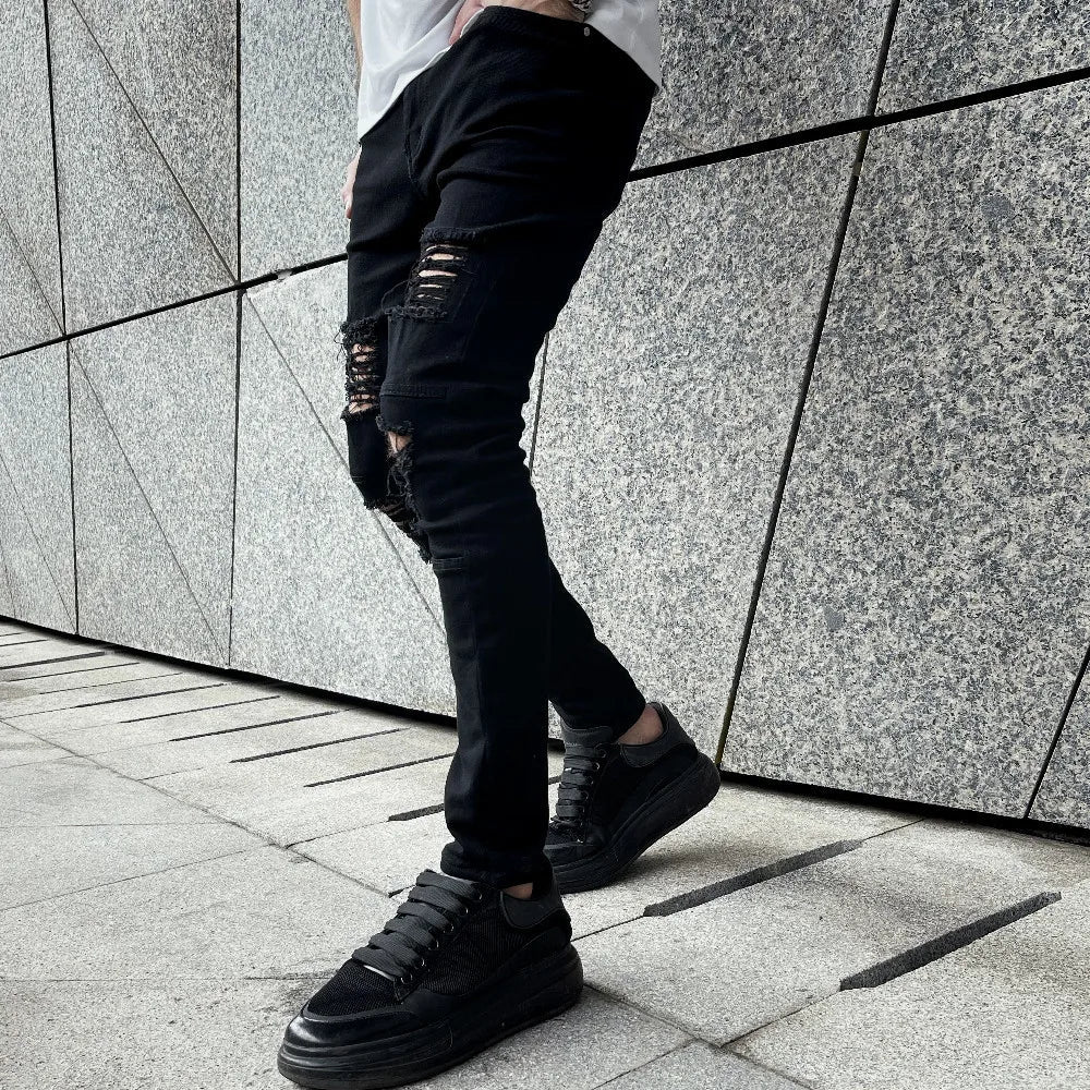 Men New High street Hip hop Style Ripped Skinny Pencil Jeans Men Stylish Slim Holes Casual Denim Pants